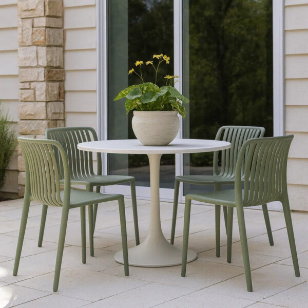 Womu Outdoor Side Chair Set of 4, Moss Green Finish, Slatted Backrest