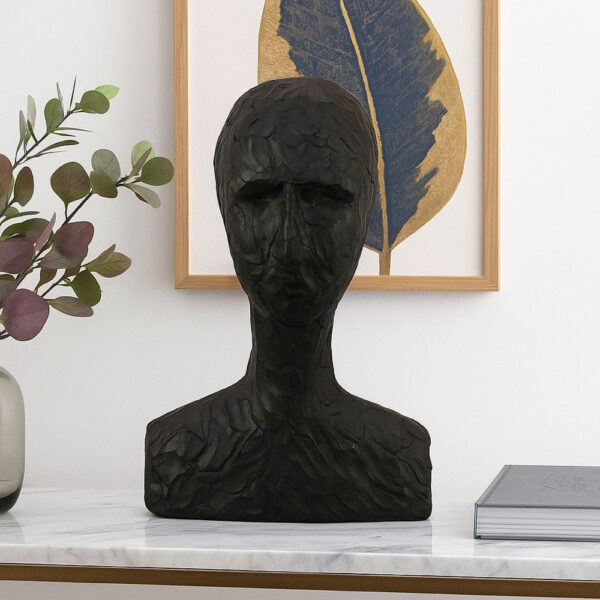 Nyk Abstract Bust Figurine, 94 Inch, Human Head Design, Black Resin