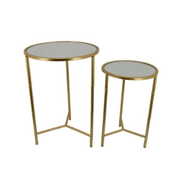 Modern Plant Stand Table Set of 2, Round Mirror Top, Gold Metal Base
