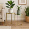Modern Plant Stand Table Set of 2, Round Mirror Top, Gold Metal Base