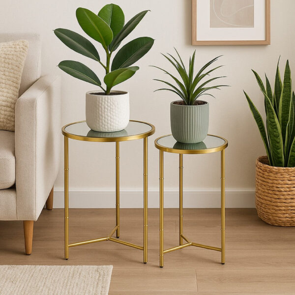 Modern Plant Stand Table Set of 2, Round Mirror Top, Gold Metal Base