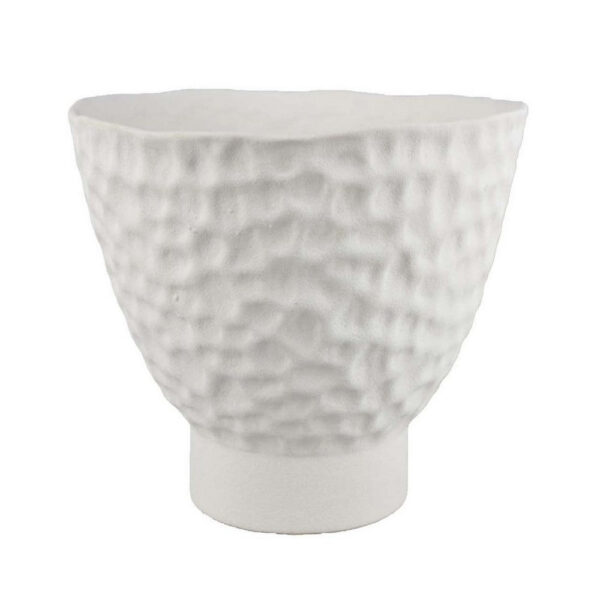 Decorative Bowl Shaped Planter, Hammered White Ceramic 12 Inch