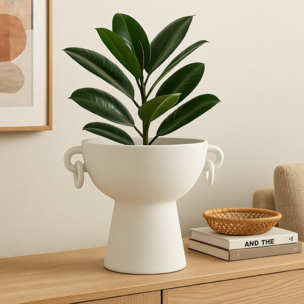 Decorative Bowl Planter, 2 Round Handles, Modern White Ceramic 14 Inch