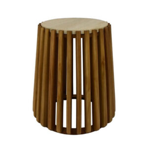 Gexy Side End Table, 16 Inch Marble Top, Slatted Drum Base, Brown