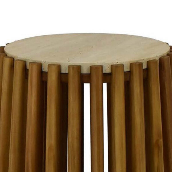 Gexy Side End Table, 16 Inch Marble Top, Slatted Drum Base, Brown