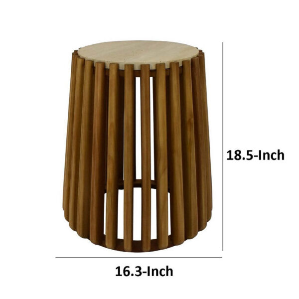 Gexy Side End Table, 16 Inch Marble Top, Slatted Drum Base, Brown