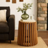Gexy Side End Table, 16 Inch Marble Top, Slatted Drum Base, Brown