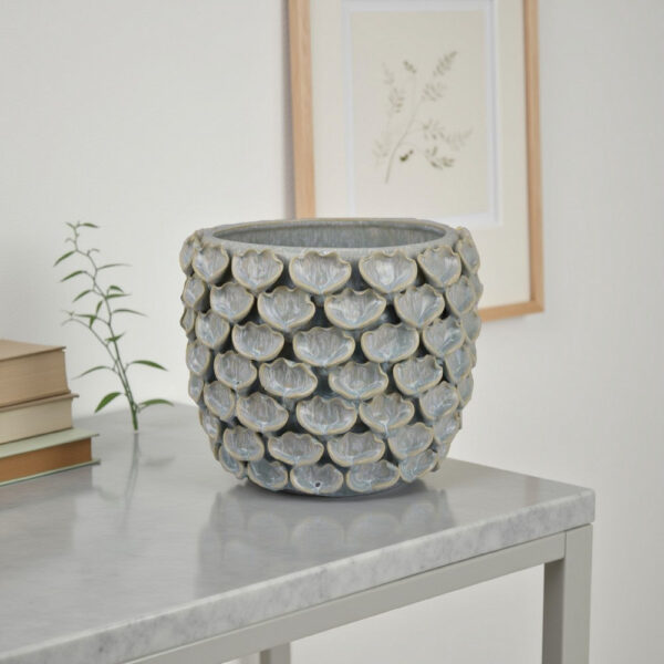 Decorative Textured Planter, Seashell Style 12 Inch Gray Ceramic Body