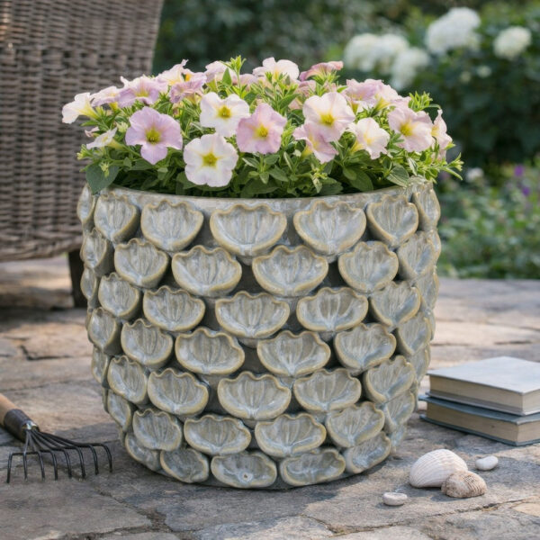 Decorative Textured Planter, Seashell Style 12 Inch Gray Ceramic Body