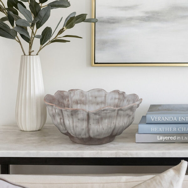 Bobo Decorative Bowl, Floral Design, 17 Inch White Ceramic