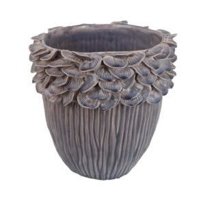 Decorative Planter, 13 Inch Ribbed Seashell Design, Purple Ceramic
