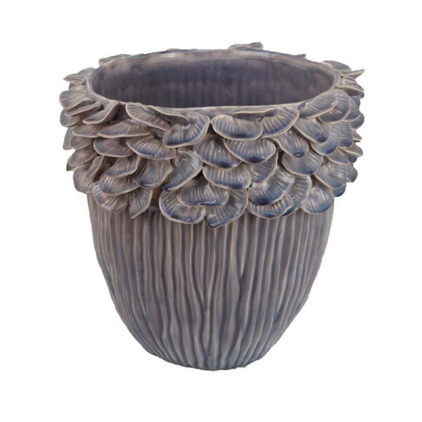 Decorative Planter, 13 Inch Ribbed Seashell Design, Purple Ceramic