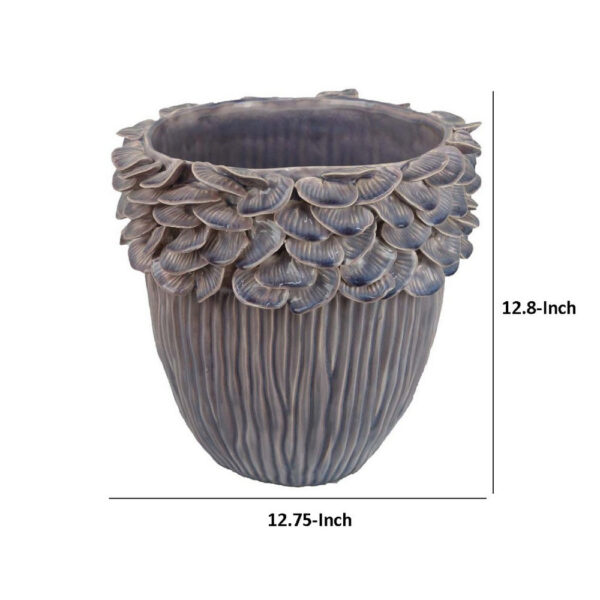 Decorative Planter, 13 Inch Ribbed Seashell Design, Purple Ceramic