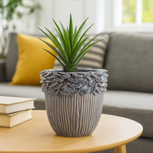 Decorative Planter, 13 Inch Ribbed Seashell Design, Purple Ceramic