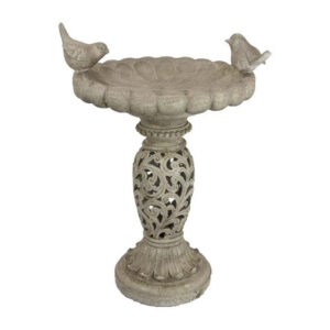 Niam Bird Bath Sculpture, 26 Inch Antique Gray Resin, Scrolled Details