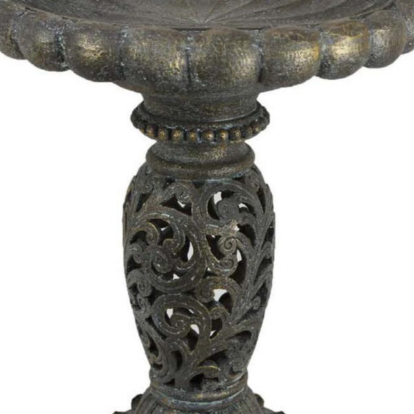 Niam Bird Bath Sculpture, 26 Inch Dark Gray Resin, Scrolled Details