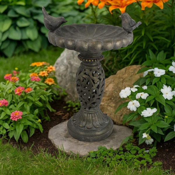 Niam Bird Bath Sculpture, 26 Inch Dark Gray Resin, Scrolled Details