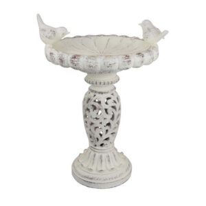 Niam Bird Bath Sculpture, 26 Inch Weathered White Scrolled Resin