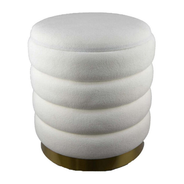 Accent Stool, 18 Inch White Fabric Upholstery, Gold Metal Base