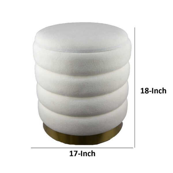 Accent Stool, 18 Inch White Fabric Upholstery, Gold Metal Base