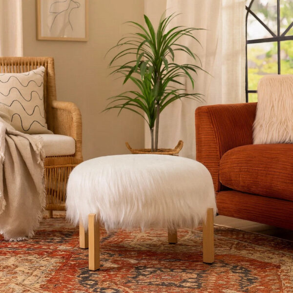 Accent Ottoman, Fur-Like Texture, 21 Inch White Fabric Upholstery