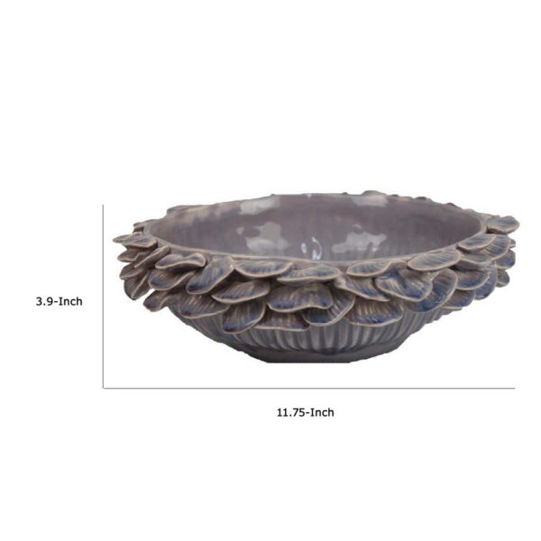 Kiana Decorative Bowl, Gray Ceramic, Flared Scales Rim Accent, 12 Inch