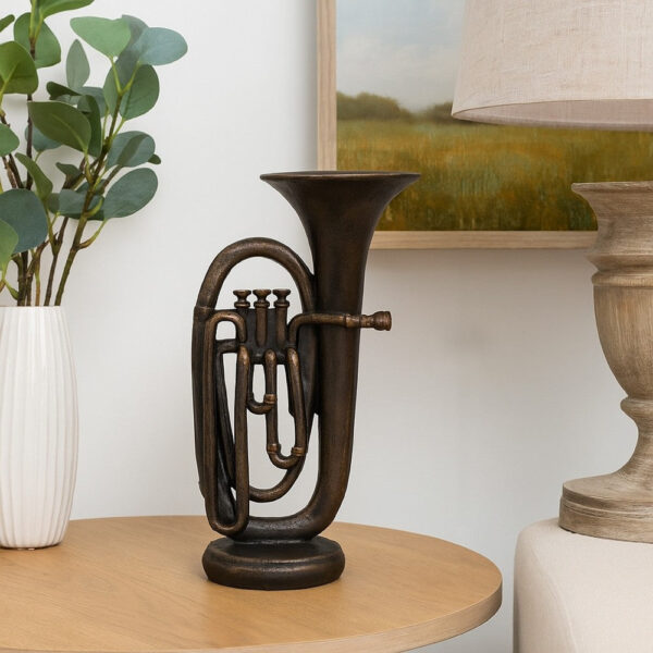 Trumpet Tabletop Decor, Dark Bronze Resin, Round Base, 15 Inch
