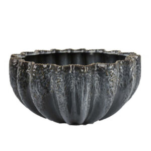 Decorative Bowl, Aqua Gray Ceramic, Fluted Scalloped Sides, 13 Inch