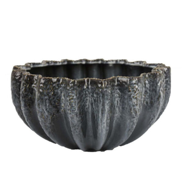 Decorative Bowl, Aqua Gray Ceramic, Fluted Scalloped Sides, 13 Inch
