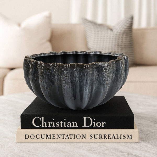 Decorative Bowl, Aqua Gray Ceramic, Fluted Scalloped Sides, 13 Inch