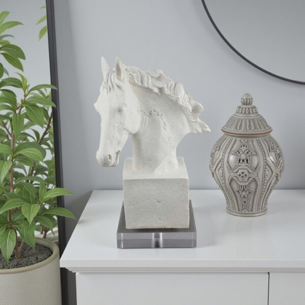 Horse Head Decor, White Resin Frame, Gray Acrylic Base 13 Inch