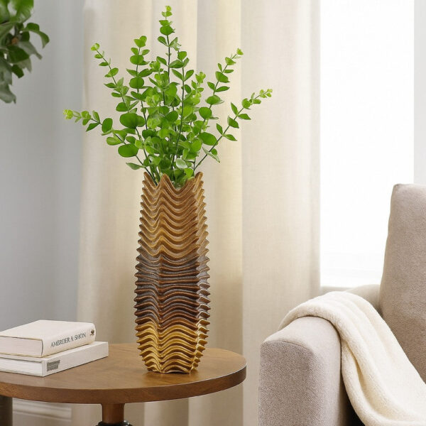 Decorative Vase, Brown, Gray Ceramic Undulating Pattern, 20 Inch
