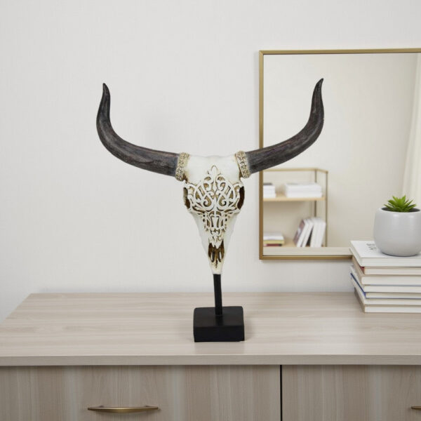 Animal Skull Tabletop Decor, Bone White and Black Resin, 16 Inch