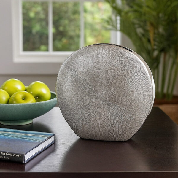 Harvey Accent Vase, Metallic Texture, Flat Round Gray Ceramic 15 Inch