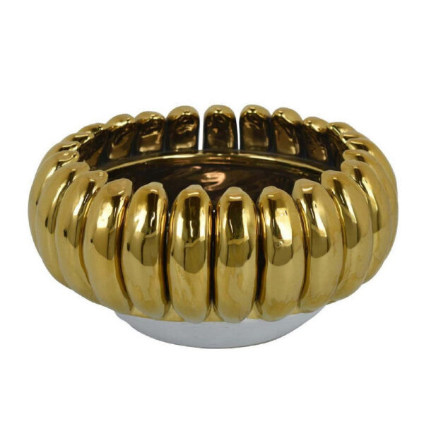 Milly Decorative Bowl, Raised Petal Rim, Gold Metallic Ceramic 13 Inch