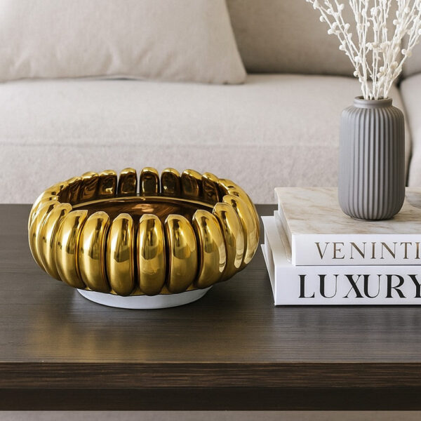 Milly Decorative Bowl, Raised Petal Rim, Gold Metallic Ceramic 13 Inch