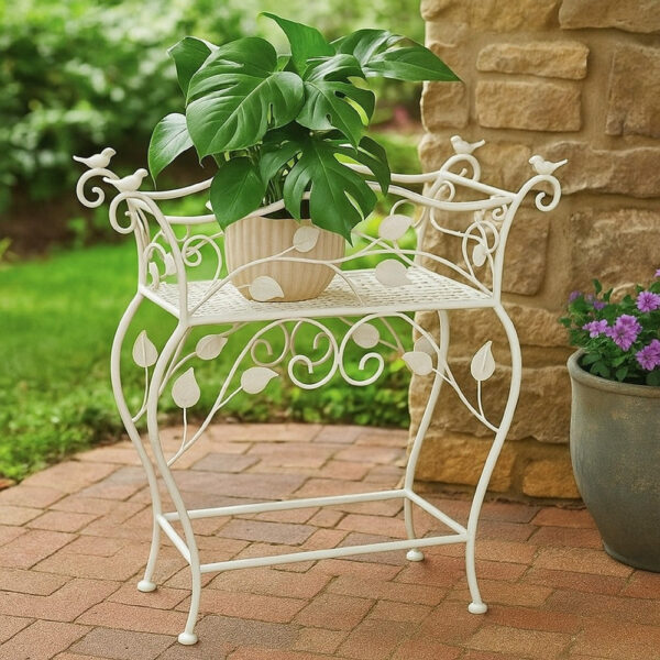 Philip Plant Stand Table, Scrolled Vine Details, Curved White Metal