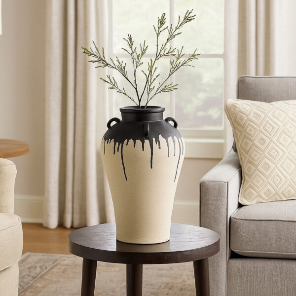 Caleb Accent Vase with Drip Pattern and Handles, Black Gray Ceramic