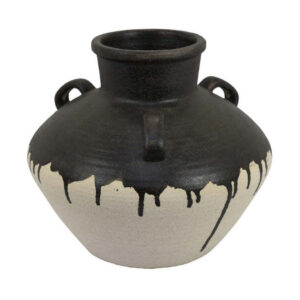 Caleb Accent Vase with Drip Pattern, Angled Handles Black Gray Ceramic