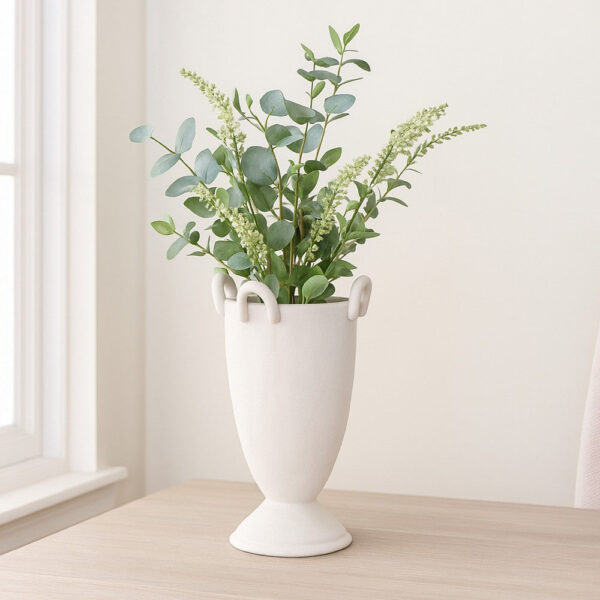 Fiji Accent Planter w Loop Handles, Pedestal White Ceramic 16 Inch