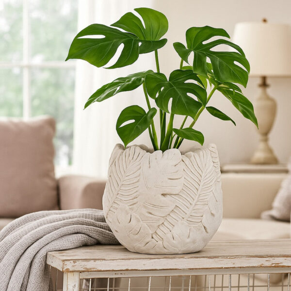 Sicily Accent Planter w Leaf Embossed Surface, Flared Edges Gray Resin