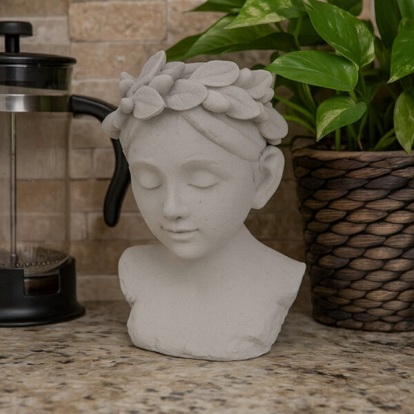 Sanie Decorative Female Bust with Floral Crown, Gray Resin 17 Inch