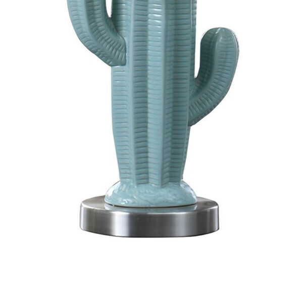 22 Inch Accent Table Lamp, Cactus Designed Body, Metal Base, Blue, White