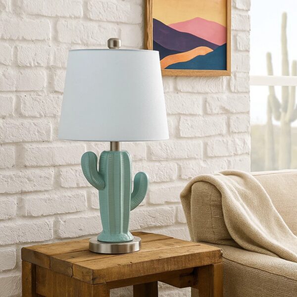 22 Inch Accent Table Lamp, Cactus Designed Body, Metal Base, Blue, White