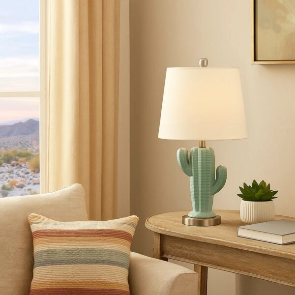 22 Inch Accent Table Lamp, Cactus Designed Body, Metal Base, Blue, White
