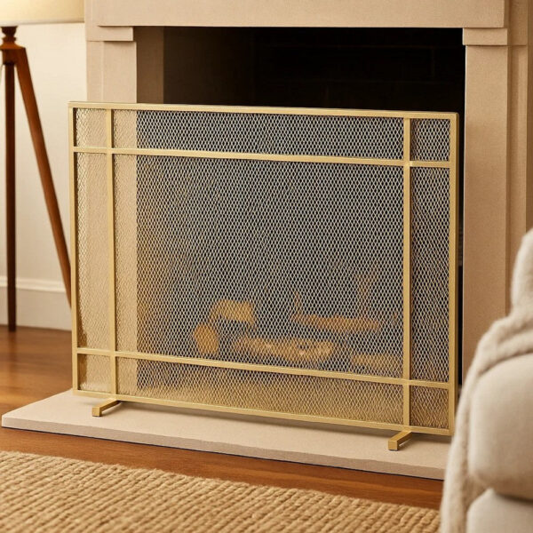 Fireplace Screen, Single Panel Design, Diamond Mesh 32 x 41, Gold Iron