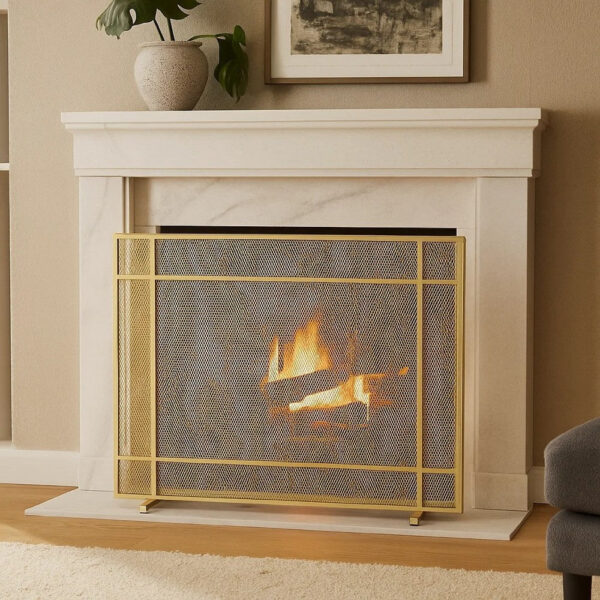 Fireplace Screen, Single Panel Design, Diamond Mesh 32 x 41, Gold Iron