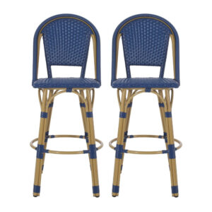 Gomy Outdoor Barstool Char Set of 2, Blue Wicker Woven, Brown Aluminum