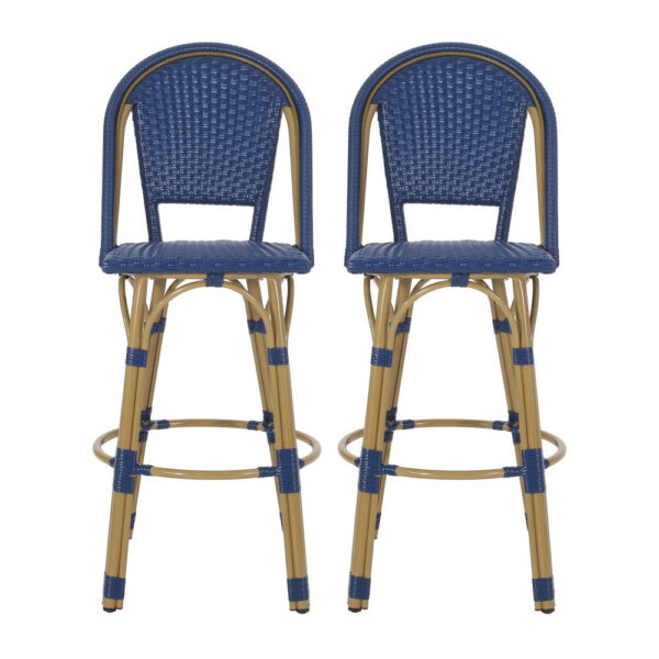 Gomy Outdoor Barstool Char Set of 2, Blue Wicker Woven, Brown Aluminum
