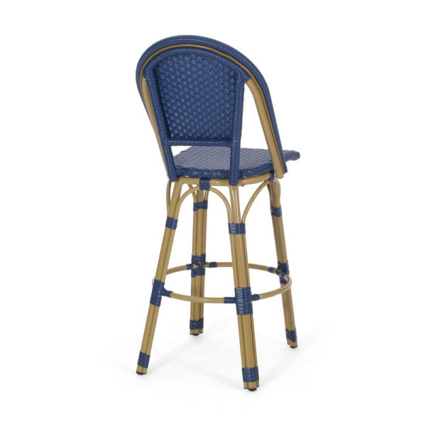 Gomy Outdoor Barstool Char Set of 2, Blue Wicker Woven, Brown Aluminum